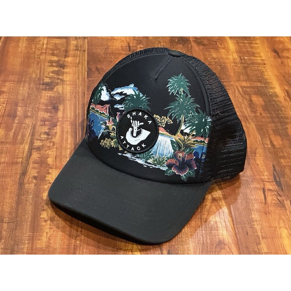 Rare Y2K Reef Surf Brand Shaka Attack Cap Black Snapback Mesh Back Trucker Hat
